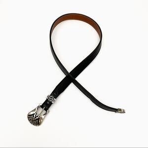 Nocona Belt Aztec Metal Buckle Black Skinny Genuine Leather Size 32